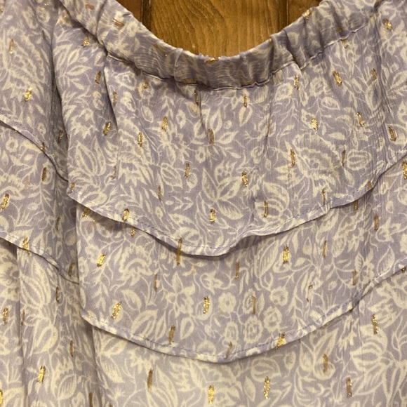 NWT Medium Express Lavender, White, and Gold Off-Shoulder Ruffle Romper (ABBA) - Picture 5 of 14